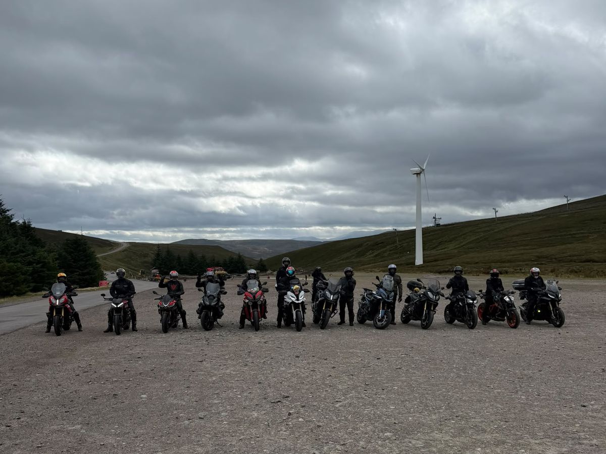 The Scotland Spin 2026 crew lined up with their bikes at the Lecht