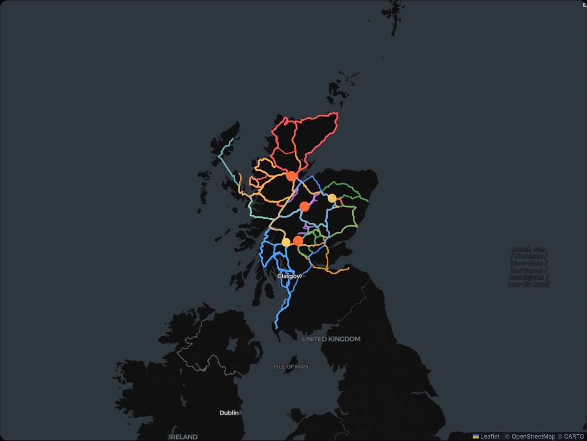 Map of every Scotland Spin route since 2022, criss-crossing the Highlands